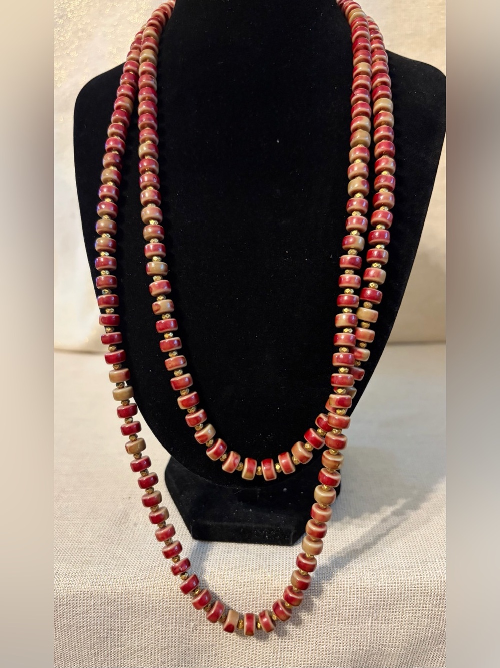 Vintage Glazed Ceramic Red and Tan Beaded Women's Necklace - Layered Style
